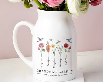 Cadeaux fête des mères pour grand-mère, vase de fleurs de naissance personnalisé, vase de jardin grand-mère personnalisé, cadeaux grand-mère, cadeaux pour maman, fleur du mois de naissance