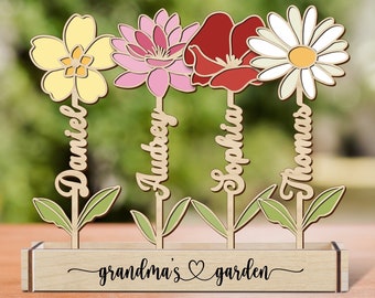 Fleur en bois de jardin de grand-mère personnalisée, jardin de fleurs pour le mois de naissance, cadeau de fleur de naissance en bois pour la fête des mères, décoration d'intérieur, cadeau de pendaison de crémaillère