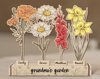 Grandmas Garden Wood Flower, Custom Birth Month Flower Gift, Mothers Day Gifts, Personalized Gifts For Grandma, Wood Flower Home Decoration