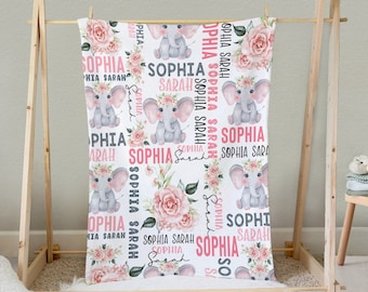Personalized Baby Blanket, Floral Rose Elephant Baby Blanket, Baby Girl Pink Elephant Blanket, Personalized Name Baby Blanket, Nursery Decor