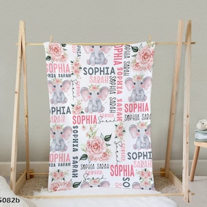 Personalized Baby Blanket, Floral Rose Elephant Baby Blanket, Baby Girl Pink Elephant Blanket, Personalized Name Baby Blanket, Nursery Decor