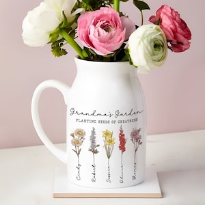 Mothers Day Gift, Custom Grandmas Garden Flower Vase, Grandma Flower Vase, Birthflower Vase, Custom Grandkid Name Flower Vase, Grandma Gift