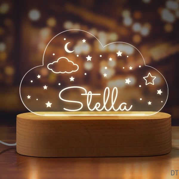 Personalized Baby Acrylic Night Light, 1st Birthday Baby Gift, Baby Shower Gifts, Custom Name Baby Girl Gift, Moon And Stars Night Light