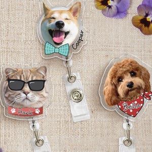 Personalized Pet Badge Reel Funny, Custom Dog Portrait Photo Badge Reel, Cat Face Badge Reel, Nurse Badge Reel, Retractable ID Badge Holder