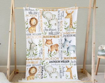 Personalized Baby Blanket With Watercolor Safari Animal, Baby Boy Gift, Custom Baby Blanket With Name, Baby Milestone Blanket, Nursery Decor