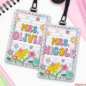 Personalized Teacher Back To School Gift, Custom Teacher Name ID Badge Holder, Flower Teacher Leather ID Card Holder, Lanyard Accessories