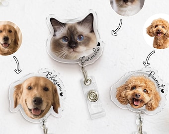 May include: Clear acrylic pet ID badge with a photo of a golden retriever, a cat, and a poodle. Each badge has a different pet's photo, name, and a retractable clip. The text "SVGmilo.com" is at the bottom.