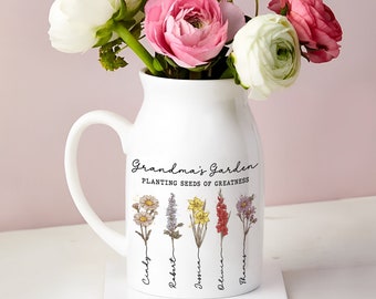 Custom Grandmas Garden Flower Vase, Grandma Flower Vase, Birthflower Vase, Custom Grandkid Name Flower Vase, Mothers Day Gift, Grandma Gift