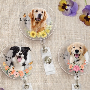 Custom Pet Badge Reel, Dog Portrait Photo Badge Reel, Cat Face Badge Reel, Pet Portrait with Flower, Nurse Badge Reel, ID Badge Holder