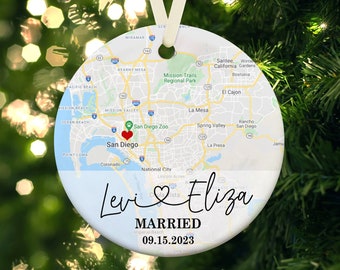 Married Ornament, Custom Map Ornament, Wedding Map Ornament, Personalized Wedding Gift For Couple, Mr and Mrs Gift, Christmas Ornament