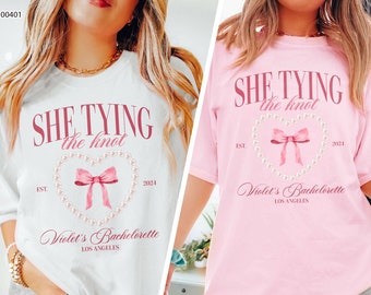 Bachelorette Party Shirt, She's Tying the Knot Shirt, Coquette Bow Bachelorette Shirts, Bridal Party Gifts, Custom Luxury Bachelorette Merch