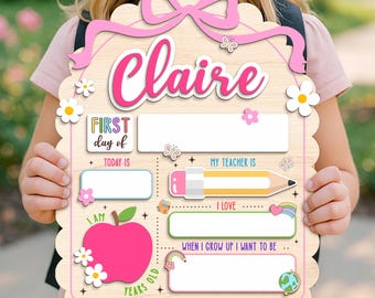 Personalized First Day Of School Sign, Custom Back to School Sign For Kids, 1st Day of School Board, Coquette Bow Reusable Wooden Sign