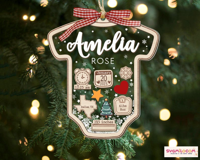 May include: A baby onesie-shaped wooden ornament featuring the name Amelia Rose, a clock showing 12:25 am, a calendar date of January 20, 2025, a Texas map, a Christmas tree, a heart, and a scale reading 6 lbs 8 oz, with 19.5 inches text.