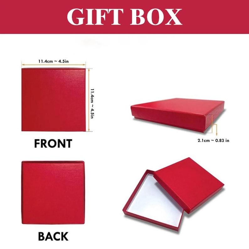 May include: A square red gift box shown from multiple angles. The box measures 4.5 inches by 4.5 inches with a height of 0.83 inches. The image displays the front, back, and an open view with a white interior, labeled with dimensions.