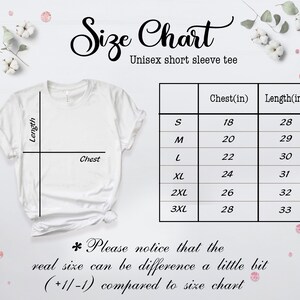 May include: Size chart for a unisex short sleeve tee. The chart shows chest and length measurements in inches for sizes S, M, L, XL, 2XL, and 3XL. The text below the chart reads "Please notice that the real size can be difference a little bit (+1/-1) compared to size chart."