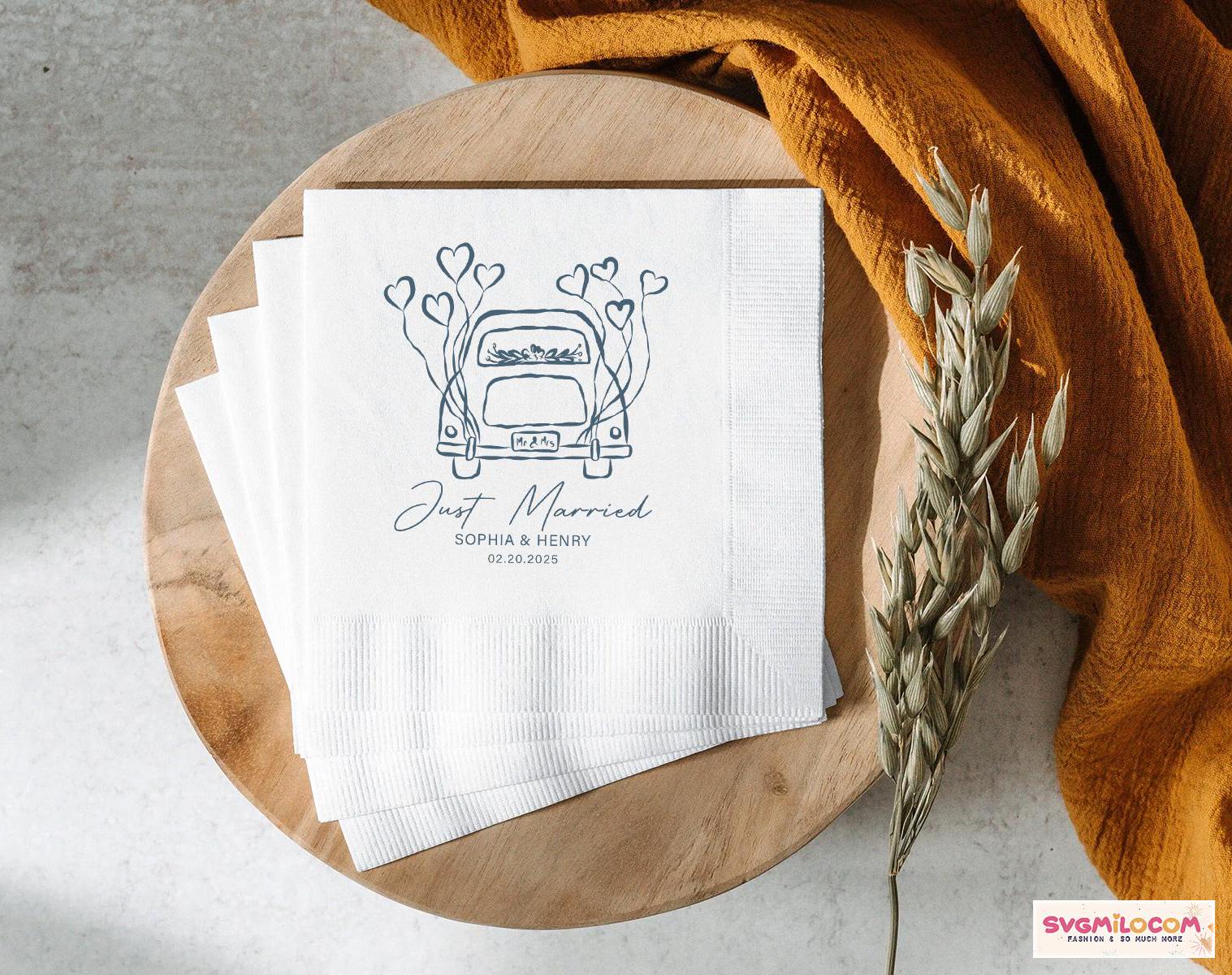 Custom Wedding Napkins, Personalized Just Married Cocktail Napkins, Wedding Reception Napkins, Wedding Table Decor, Bridal Shower Gifts