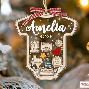 May include: A clear acrylic baby onesie-shaped ornament with a red and white gingham ribbon. It features the name Amelia Rose, a clock showing 12:25 am, a calendar date of January 20, 2025, a Texas map, a scale reading 61 lbs 8 oz, and 19.5 inches.