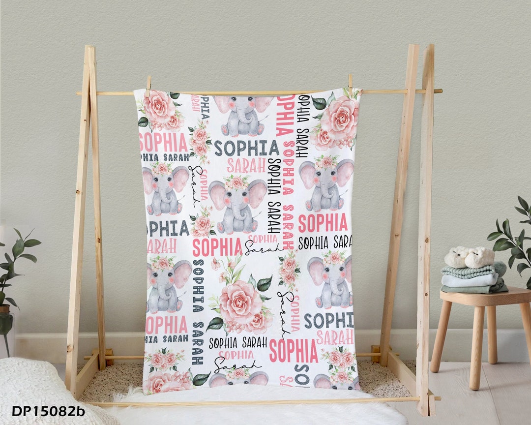 Personalized Baby Blanket, Floral Rose Elephant Baby Blanket, Baby Girl