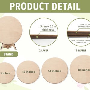 May include: A set of round wooden discs in 8, 12, 14, and 18 inch diameters. Includes a wooden stand and diagrams showing a 5mm thickness for 1 layer and a 10mm thickness for 2 layers. The text PRODUCT DETAIL, STAND, 1 LAYER, and 2 LAYERS is visible.
