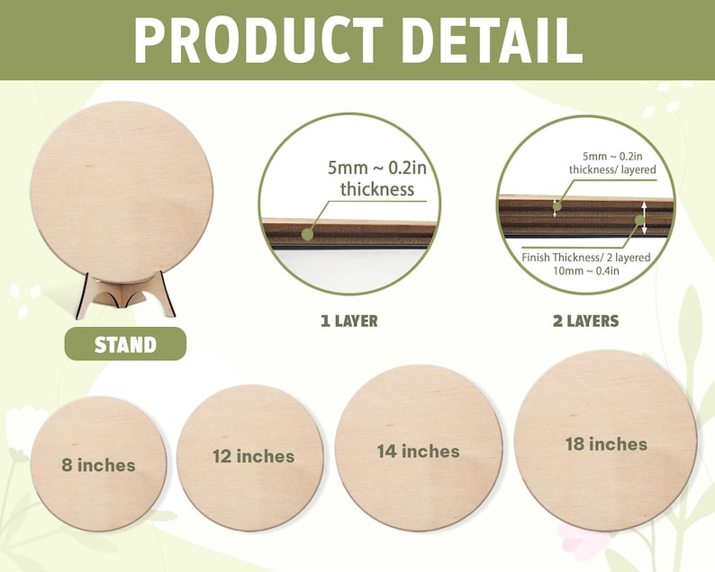 May include: A set of round wooden discs in 8, 12, 14, and 18 inch diameters. Includes a wooden stand and diagrams showing a 5mm thickness for 1 layer and a 10mm thickness for 2 layers. The text PRODUCT DETAIL, STAND, 1 LAYER, and 2 LAYERS is visible.