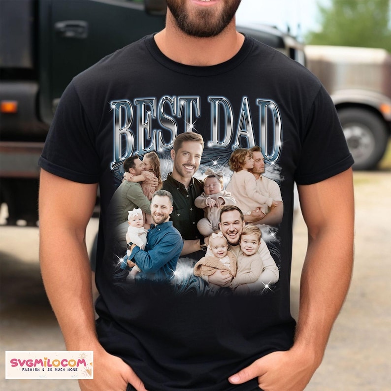 May include: A black t-shirt with the text 'BEST DAD' in silver glitter letters. The shirt features a collage of photos of a man with his children and family.
