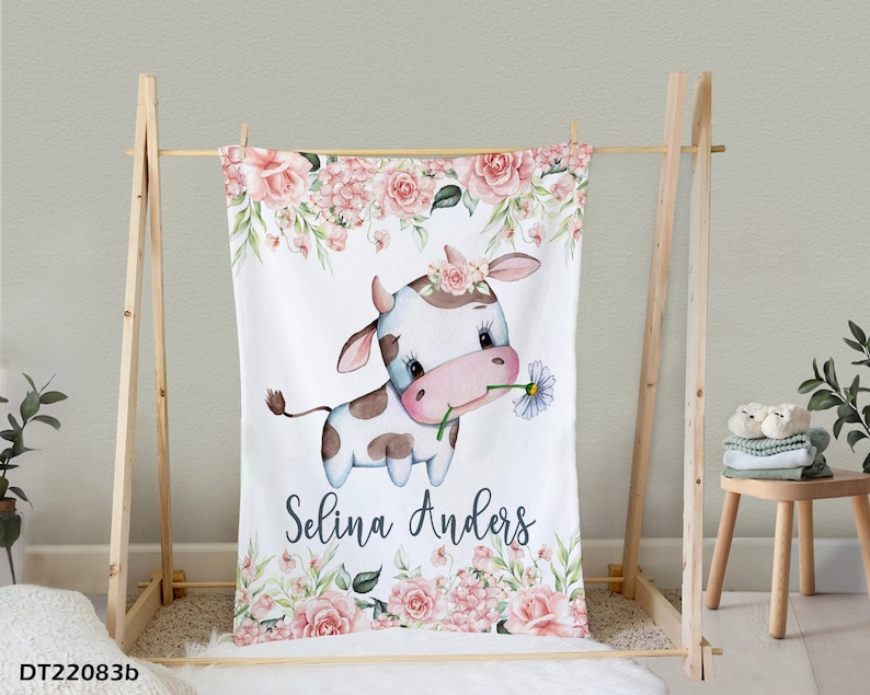Personalized Baby Blanket Floral Cow Baby Blanket Baby Girl Etsy