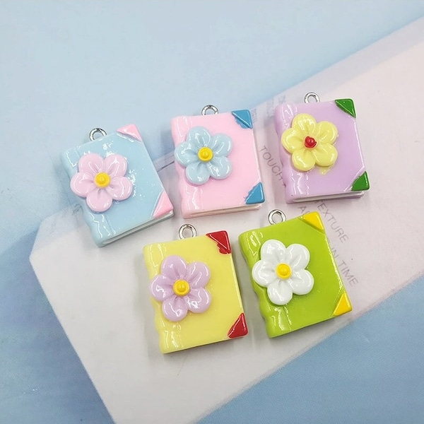 5pcs Flower Book Charms, Color Resin Books Charms Pendant, DIY Jewelry Accessories, Bracelet Necklace Earring Findings Craft Supplies