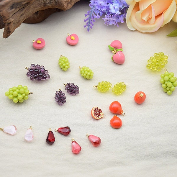 5Pcs Resin Fruit Charms Pendant, Grape Charms, Pomegranate Charms, Tomato Charms, DIY Jewelry Accessories