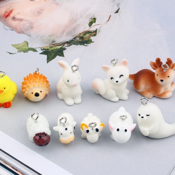 5pcs Cute Animal Charms, Fox, Sea lion, Hedgehog, Deer, Cow, Sheep, Rabbit Pendant Charms, DIY Jewelry Accessories