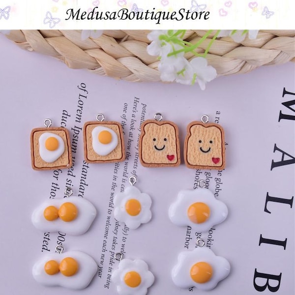 5pcs Resin Egg Toast Charms, Funny Food Jewelry Findings