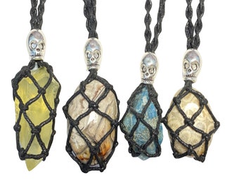 Empty Stone Holder Necklace Skull Charm  (Not Include the Stone). Handmade Macrame Crystal Holder Adjustable Necklace Without Stone
