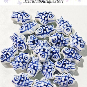 5pcs Blue Fish Beads, Ceramic Fish Beads Pendants, DIY Bracelet Necklace Earring Jewelry Findings Craft