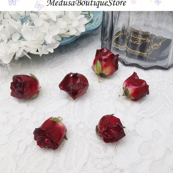 2pcs Real Rose Flower Charms, Resin Rosebud Flower Pendant, DIY Bracelet Necklace Earring Jewelry Findings Craft Handmade