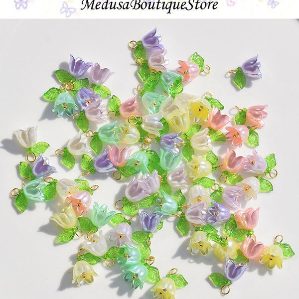 10pcs Bell Flower Glass Charms, Lily Leaf Charm Pendant, DIY Jewelry Accessories For Bracelet Necklace Earring Jewelry