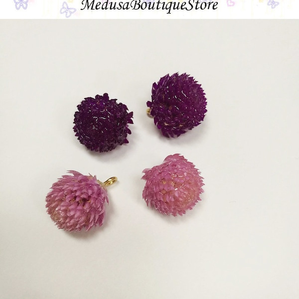 2pcs Real Gomphrena Flower Charms, Resin Rosebud Flower Pendant, DIY Bracelet Necklace Earring Jewelry Findings Craft Handmade