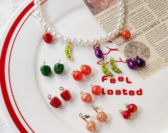 5pcs Vegetable Fruit Charms, Strawberry, Eggplant, Chili, Flower Charms Pendant, DIY Bracelet Necklace Earring Jewelry Findings Craft
