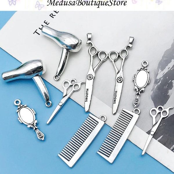 10pcs Barber Tool Charms, Hairdrier Scissors Comb Makeup Mirror Shape Pendant, DIY Bracelet Necklace Earring Jewelry Findings Craft