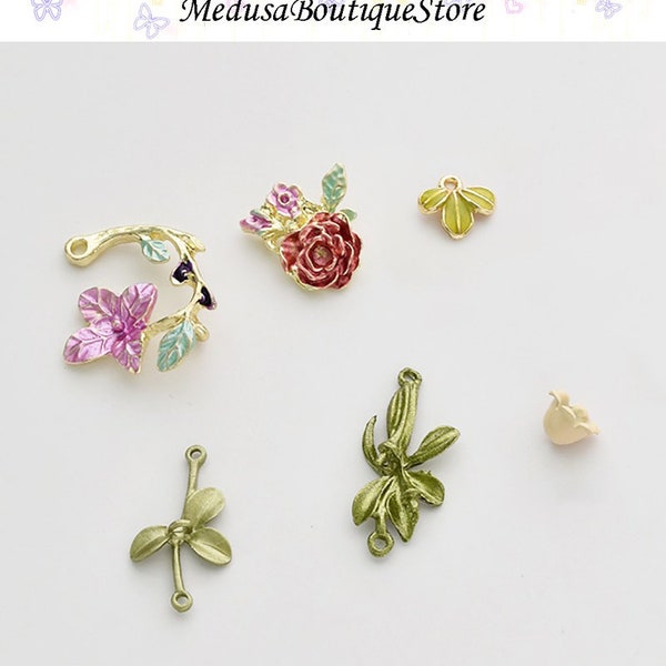 5pcs Flower Leaf Pendant Charms, Alloy Enamel Flower Leaf Earring Pendant Charm, Earring Jewelry Findings Craft