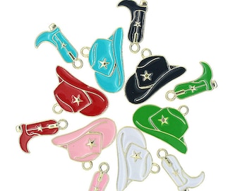 5pcs Cowboy Hat Charms, Boots Charms, Enamel Pendants, DIY Jewelry Making