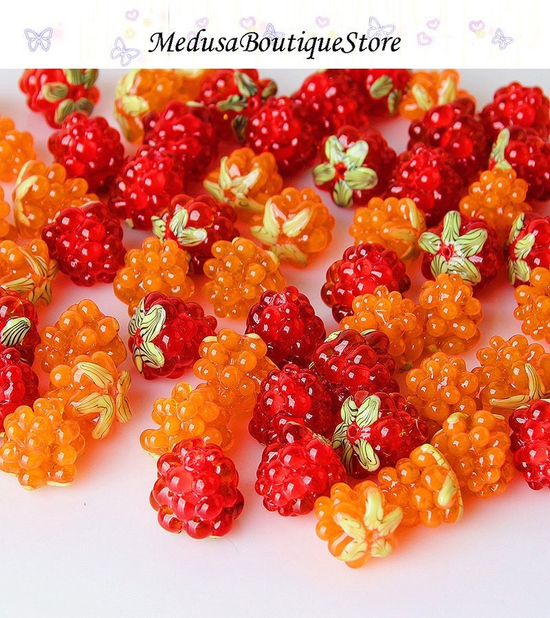 Beaded Golden Raspberry 2pcs Raspberry Glass Beads, Fruit Bead Pendant, DIY Bracelet Necklace ...