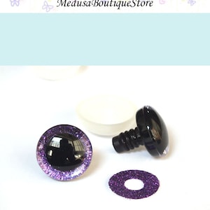 May include: Purple glitter safety eyes with black pupils and a black plastic washer. The eyes are 12mm in diameter and come with a black plastic back.