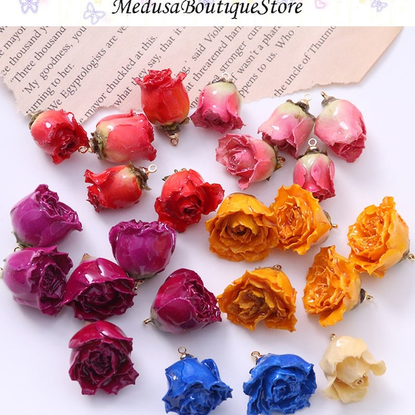 2pcs Real Rose Flower Charms, Resin Rose Flower Pendant, DIY Bracelet Necklace Earring Jewelry Findings Craft Handmade Supplies