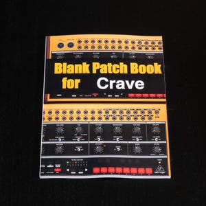 Könnte beinhalten: Ein leeres Patchbuch in Gelb und Schwarz für den Behringer Crave Synthesizer. Das Buch trägt den Titel "Blank Patch Book for Crave".