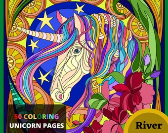 50 Unicorn Coloring Pages / Printable Coloring Pages / Adult Coloring Book PDF / Adult Coloring Pages PDF / Download Coloring Pages