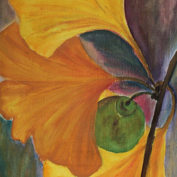 Tableau décoratif floral : peinture acrylique "Ginkgo Biloba II"