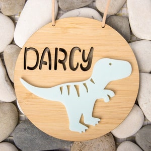 Personalised T-REX dinosaur wall-door hanging, Nursery decor, Kids plaque door sign, customised name, baby gift