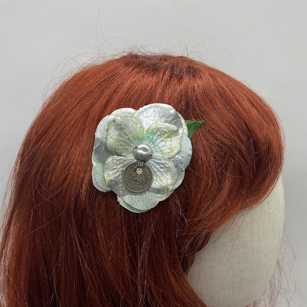 Silver and Pale Green Hair Flower Clip with Turkoman Button and Kuchi Coin Center with Crystal Embellishment