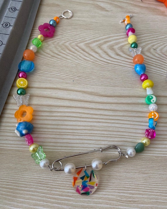 Chunky Rainbow Beaded Safety Pin Necklace Etsy