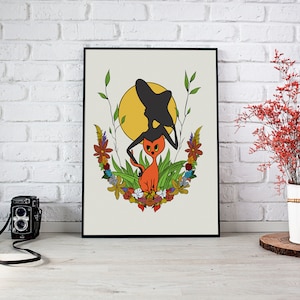 Katze Lady Kunstdruck - Natur druckbare Wandkunst, dunklen Hintergrund, Freihand-Kunst, von Hand gezeichnet Poster, feminine Dekor, Poster, moderne minimalistisch