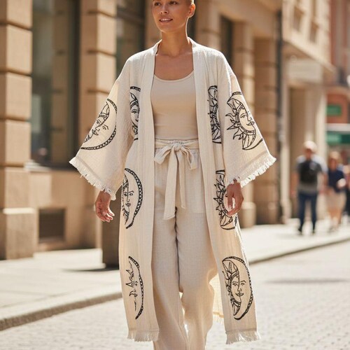 Musselin Kimono Robe - 100% Baumwolle Sun & Moon Gesicht, Handgefertigter Bademantel, Kaftan mit Holzschnitt, Boho Atmungsaktiver Morgenmantel, Handtuch, Türkisch Kittel
